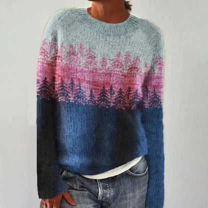 Women's colorful Fair Isle pattern knit sweater with boat neck and long sleeves – Blue/Pink