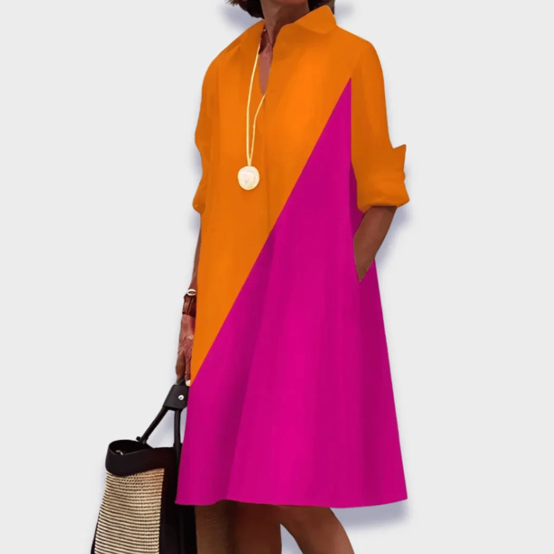 Women's polo midi dress with collared button-front long sleeves and pockets – Orange/Pink