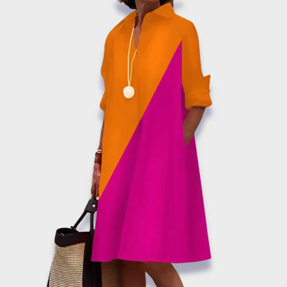 Women's polo midi dress with collared button-front long sleeves and pockets – Orange/Pink