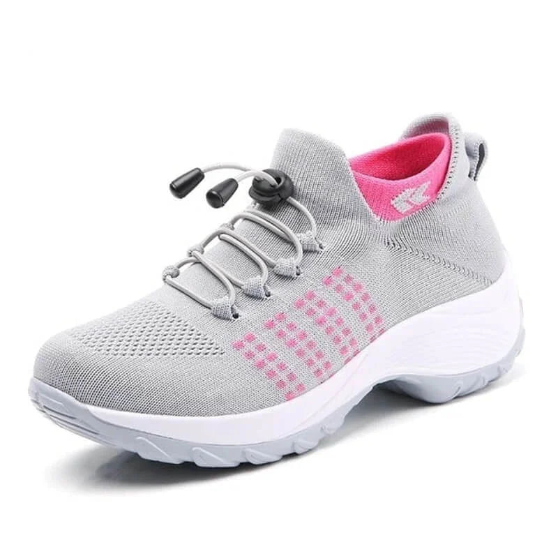 Women's comfort comfort knit sneakers with bungee-lace slip-on design – Grey/Pink
