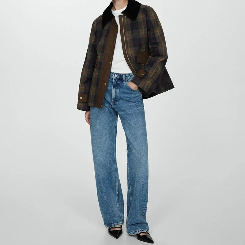 Women's plaid button-down jacket with faux fur collar – Brown