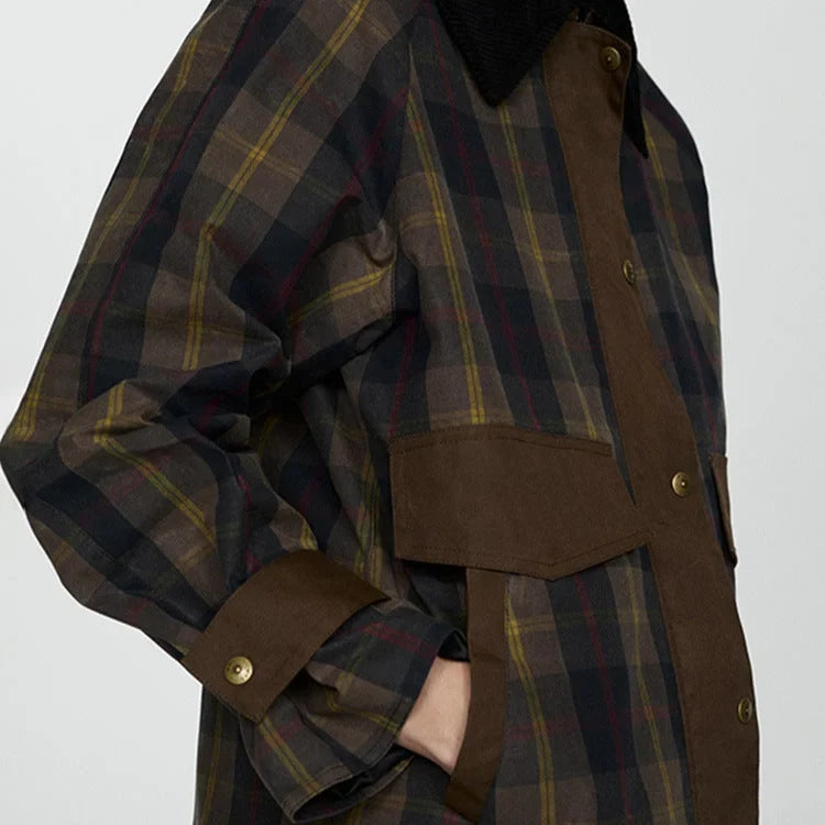 Women's plaid button-down jacket with faux fur collar – Brown