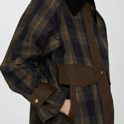 Women's plaid button-down jacket with faux fur collar – Brown