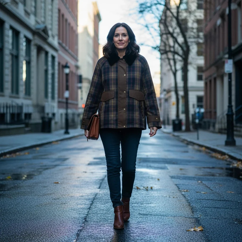 Women's plaid button-down jacket with faux fur collar – Brown