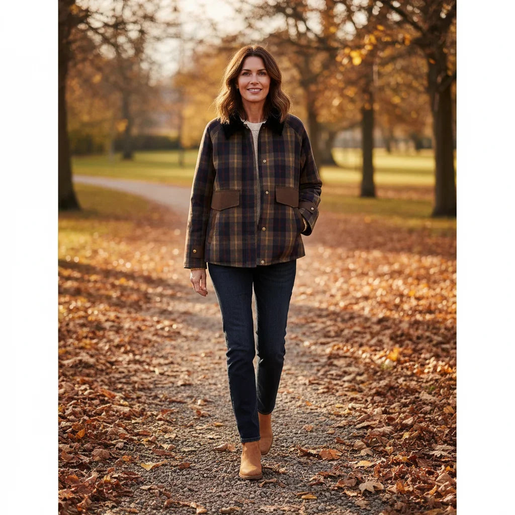 Women's plaid button-down jacket with faux fur collar – Brown