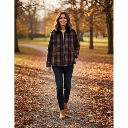 Women's plaid button-down jacket with faux fur collar – Brown
