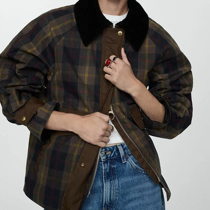 Women's plaid button-down jacket with faux fur collar – Brown