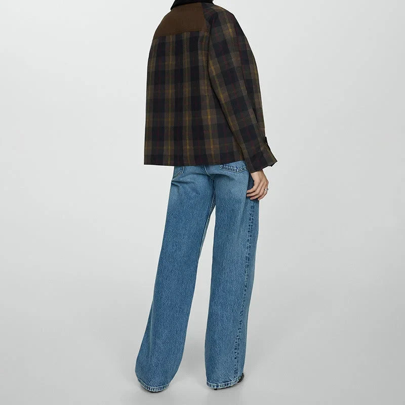 Women's plaid button-down jacket with faux fur collar – Brown