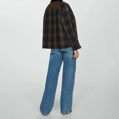 Women's plaid button-down jacket with faux fur collar – Brown
