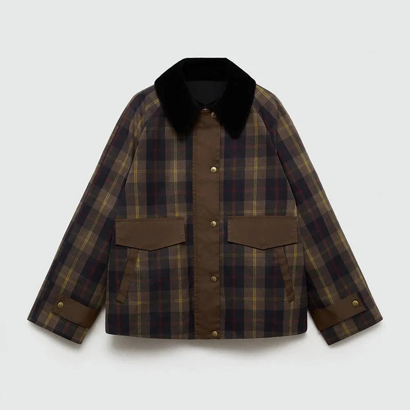 Women's plaid button-down jacket with faux fur collar – Brown