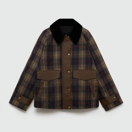 Women's plaid button-down jacket with faux fur collar – Brown