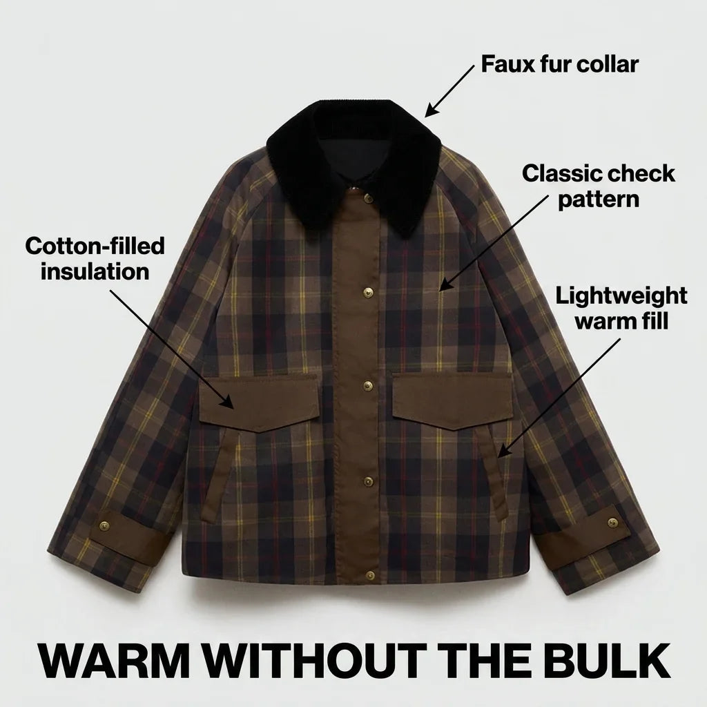 Women's plaid button-down jacket with faux fur collar – Brown