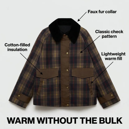 Women's plaid button-down jacket with faux fur collar – Brown