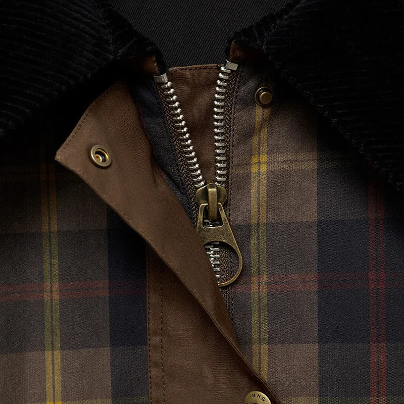 Women's plaid button-down jacket with faux fur collar – Brown