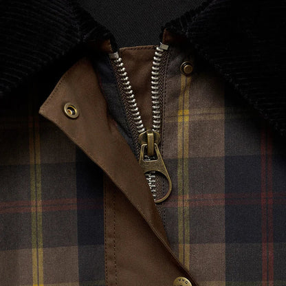 Women's plaid button-down jacket with faux fur collar – Brown