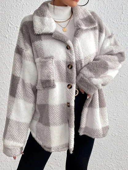 Women's oversized plaid button-up fleece jacket with pockets