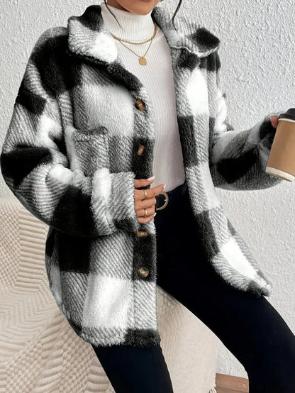 Women's oversized plaid button-up fleece jacket with pockets