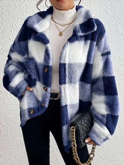Women's oversized plaid button-up fleece jacket with pockets – Blue