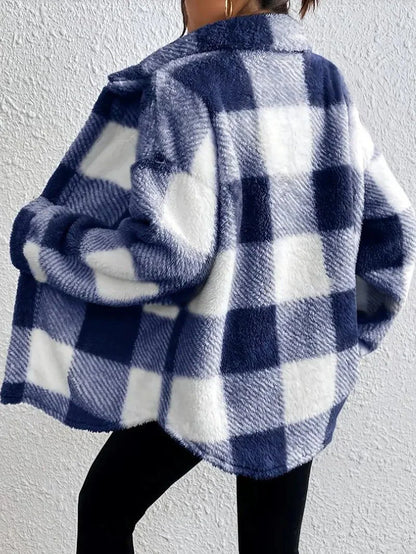 Women's oversized plaid button-up fleece jacket with pockets
