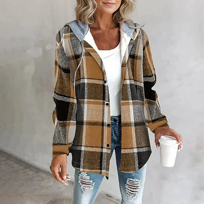 Women's oversized plaid cardigan with button-front closure – Brown