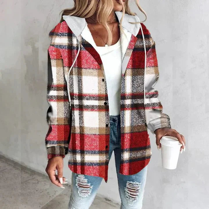 Women's oversized plaid cardigan with button-front closure – Red