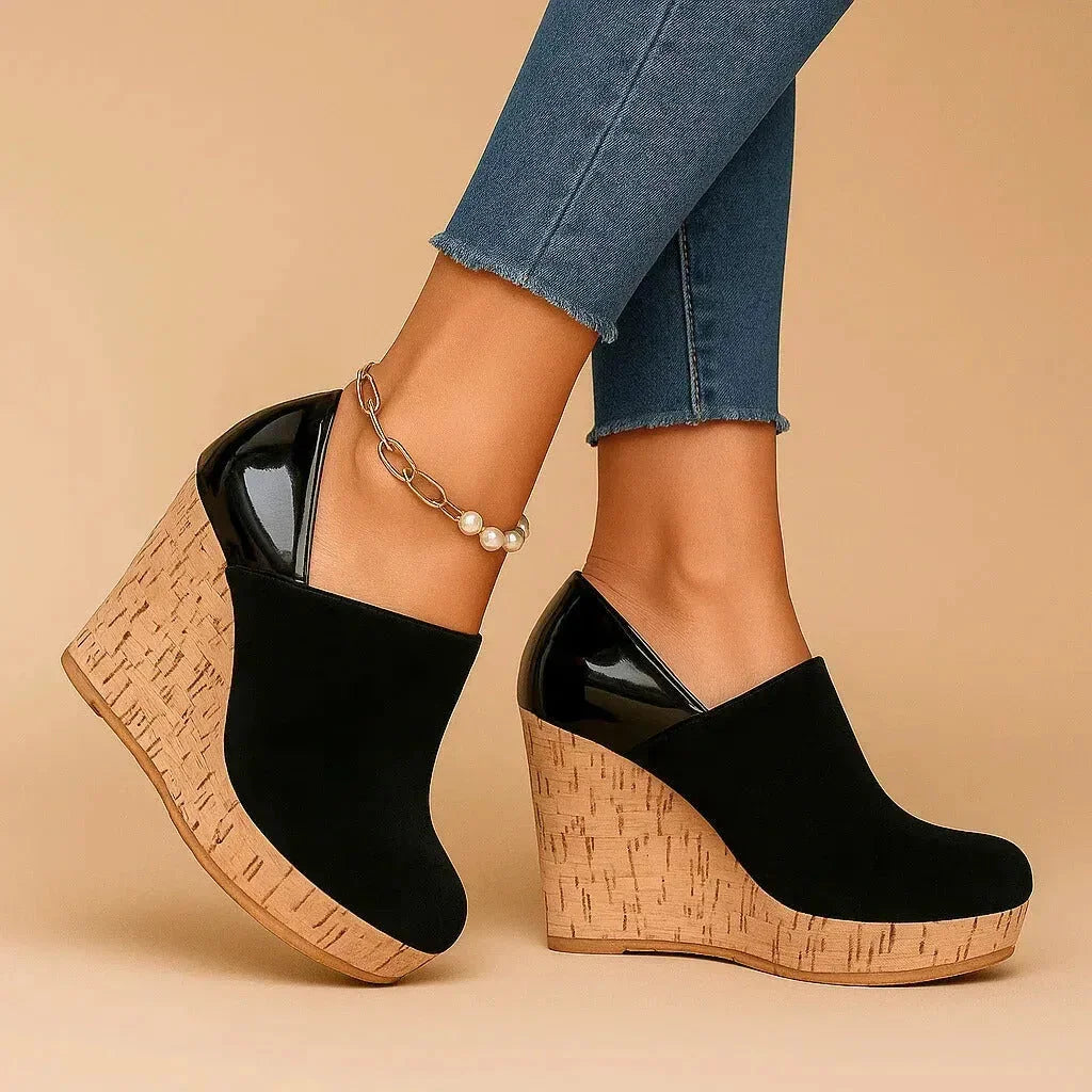 Women's platform wedge ankle booties with side cutout detail