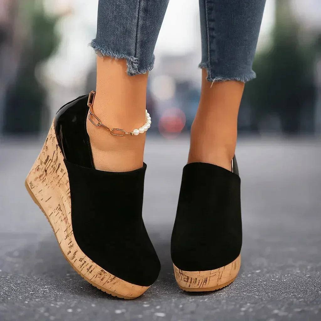Women's platform wedge ankle booties with side cutout detail