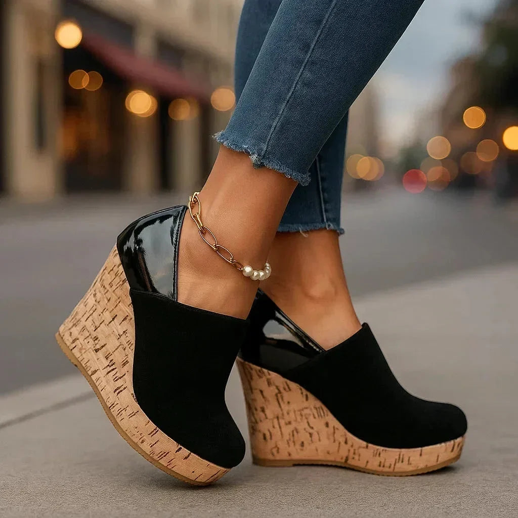 Women's platform wedge ankle booties with side cutout detail – Classic Black
