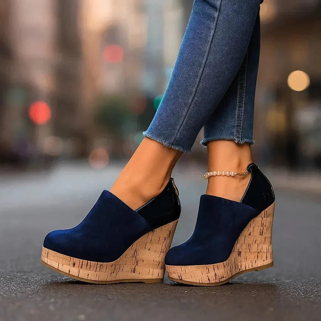 Women's platform wedge ankle booties with side cutout detail – Navy Blue