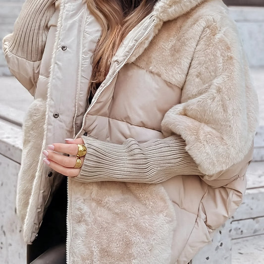 Women's quilted hooded coat with plush faux-fur panels – Beige