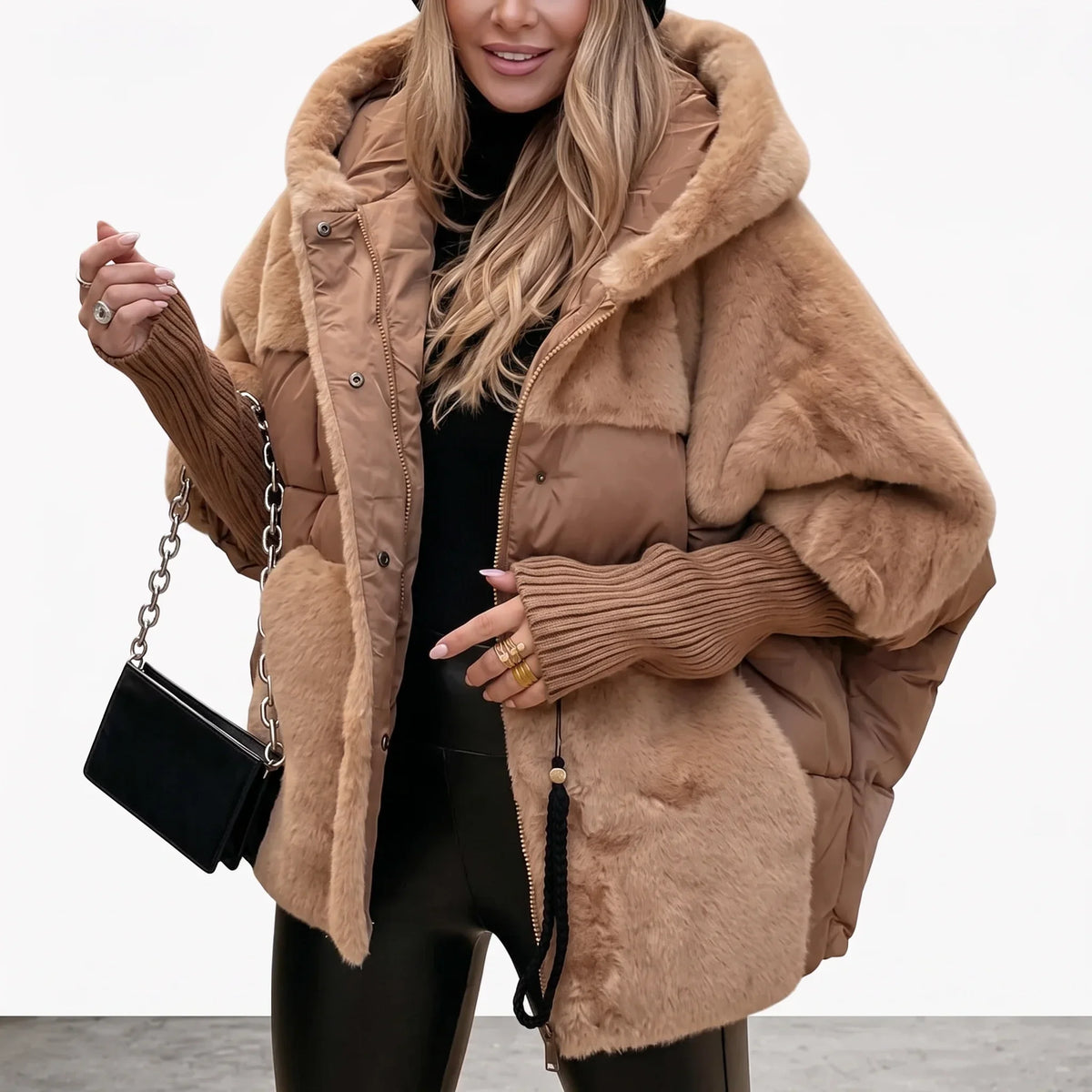 Women's quilted hooded coat with plush faux-fur panels – Brown