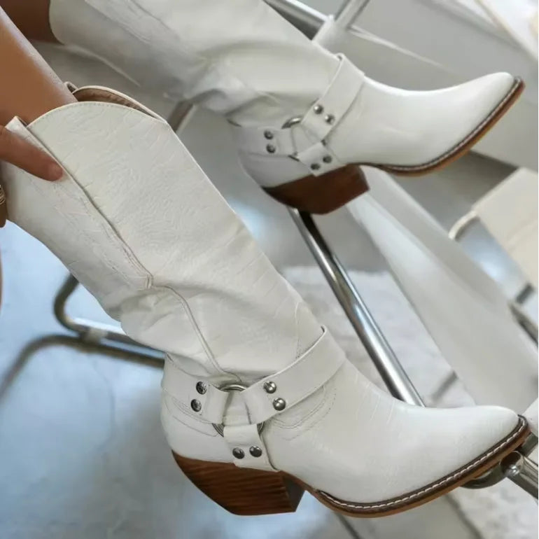 Women's cow-print cowboy boots with pointed toe and harness detail – White