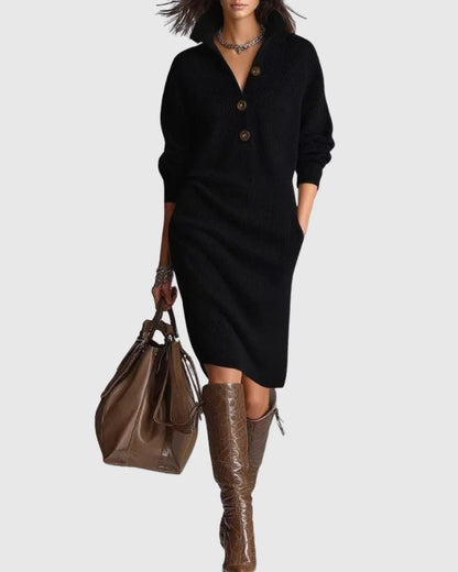 Women's ribbed wool knit midi dress with button-up neckline – Black (Almost Sold Out)