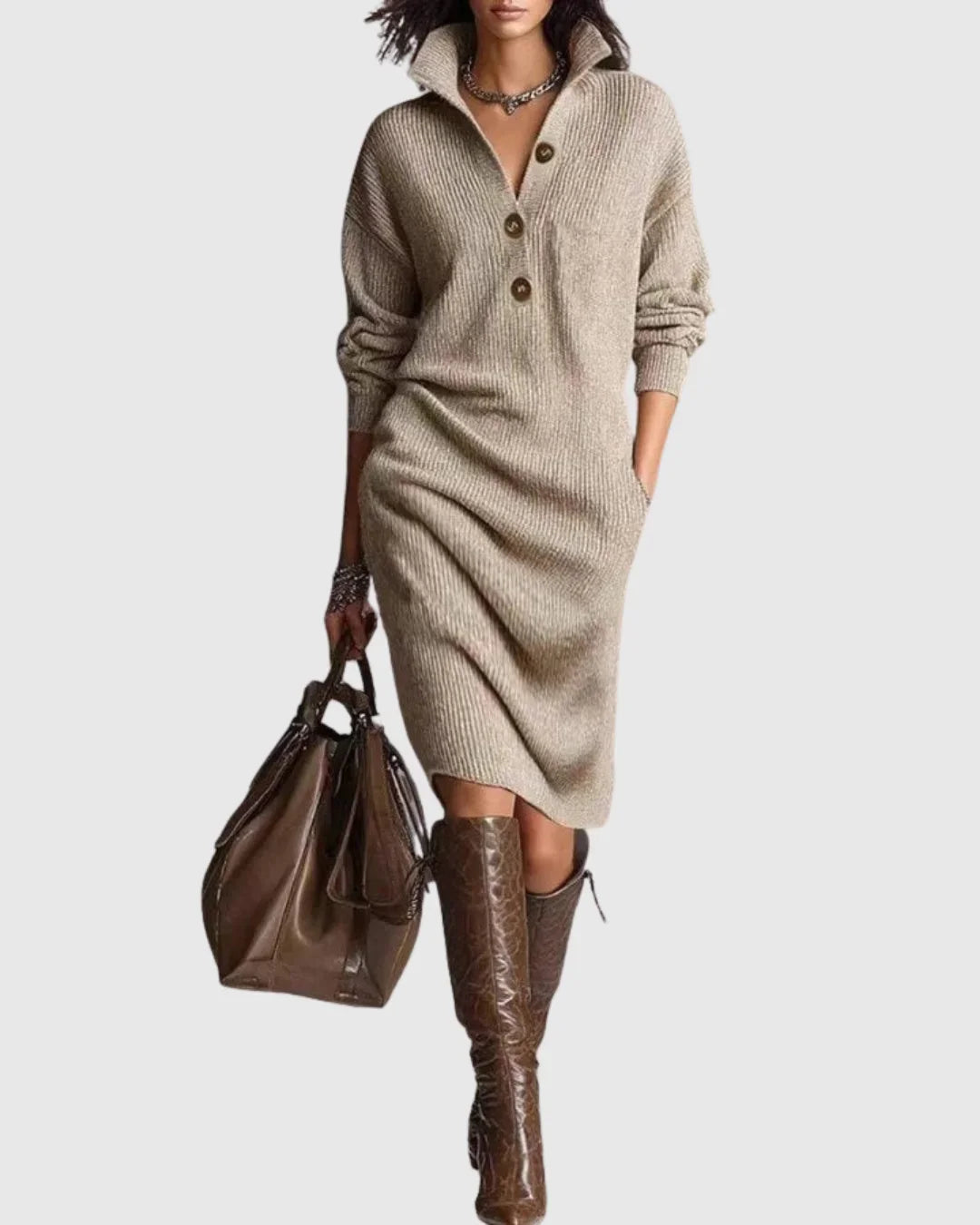 Women's ribbed wool knit midi dress with button-up neckline – Khaki