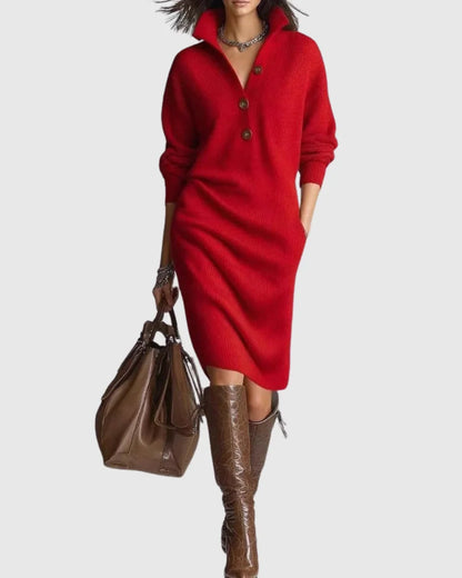 Women's ribbed wool knit midi dress with button-up neckline – Red