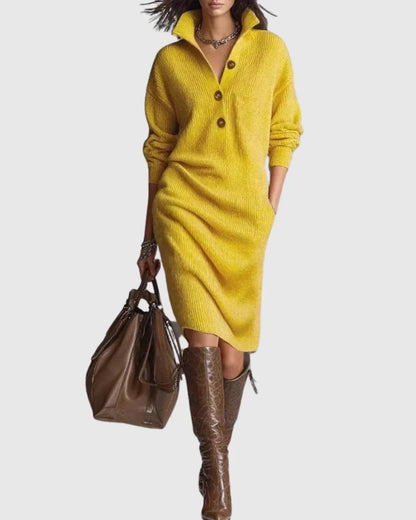 Women's ribbed wool knit midi dress with button-up neckline – Yellow