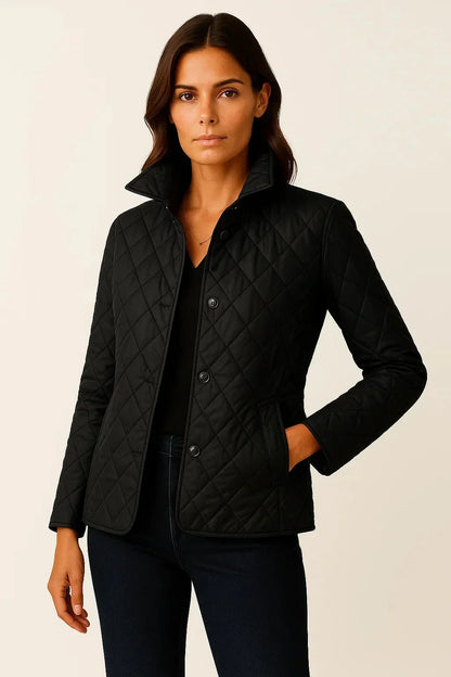 Women's quilted button-down blazer with check-pattern cuffs – Black