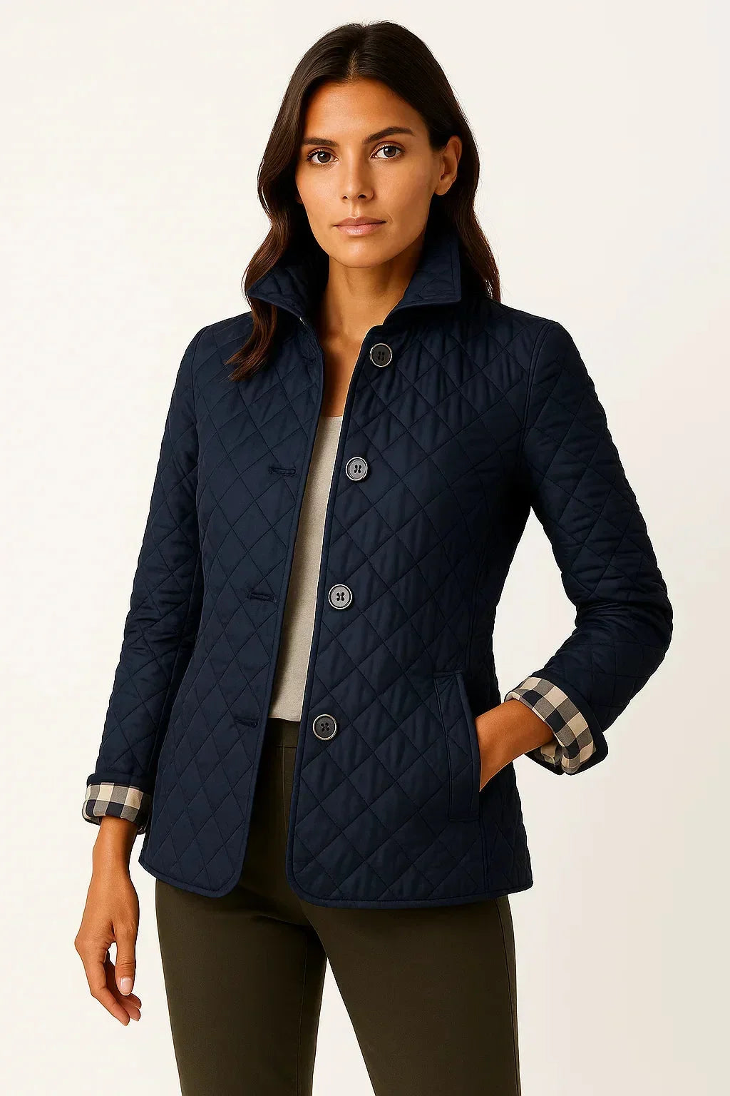 Women's quilted button-down blazer with check-pattern cuffs – Blue