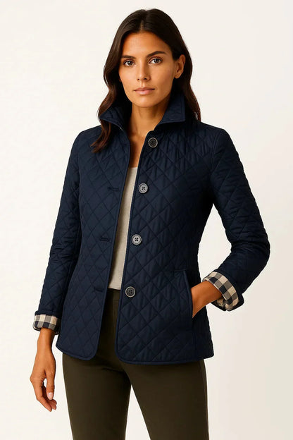 Women's quilted button-down blazer with check-pattern cuffs – Blue