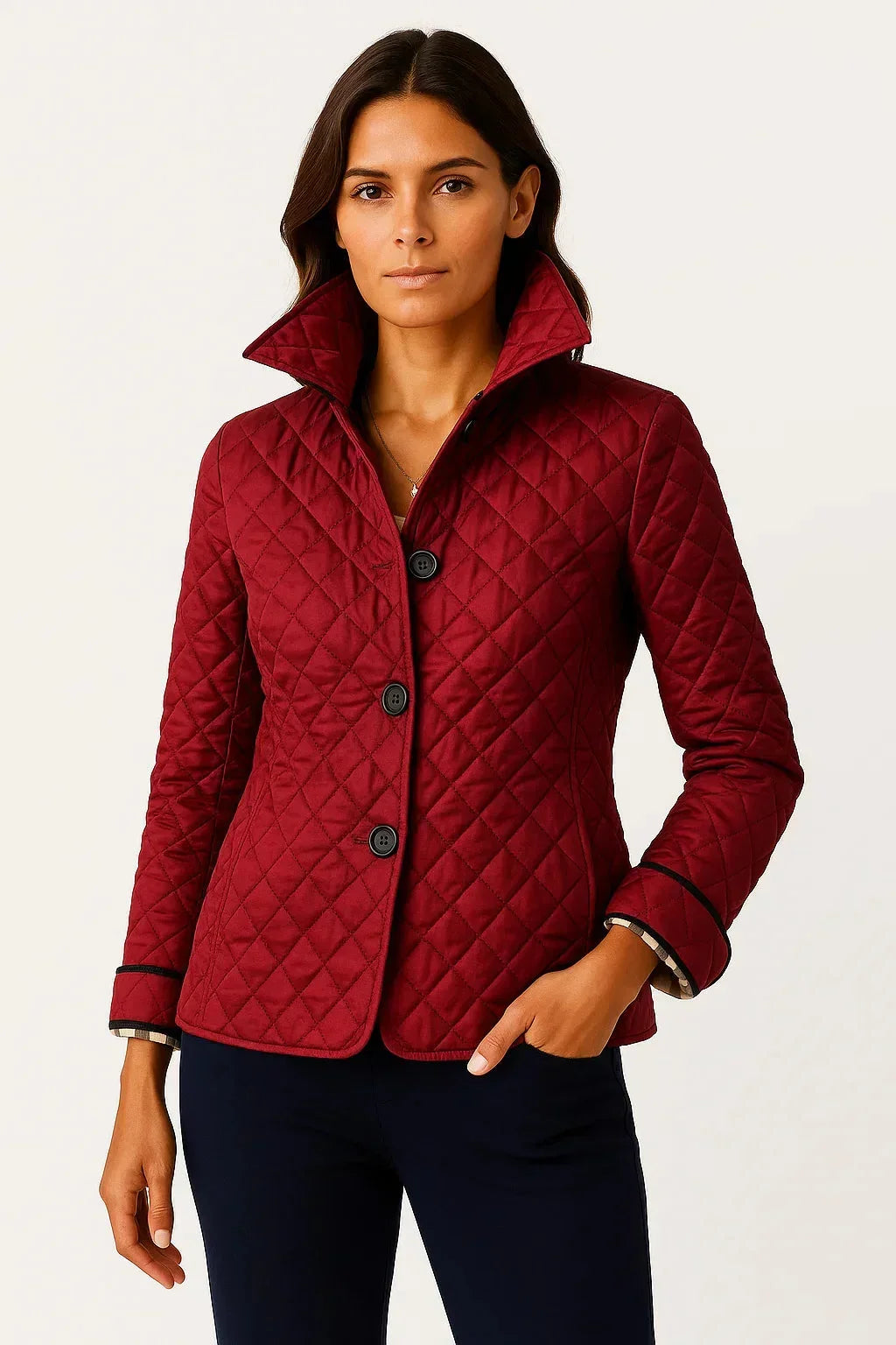 Women's quilted button-down blazer with check-pattern cuffs – Red