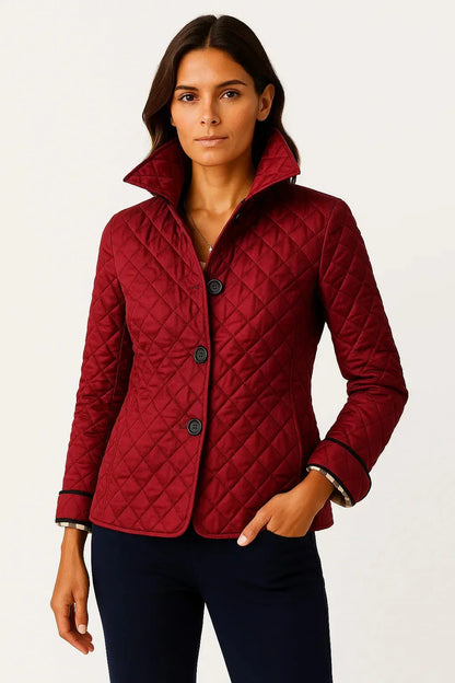 Women's quilted button-down blazer with check-pattern cuffs – Red