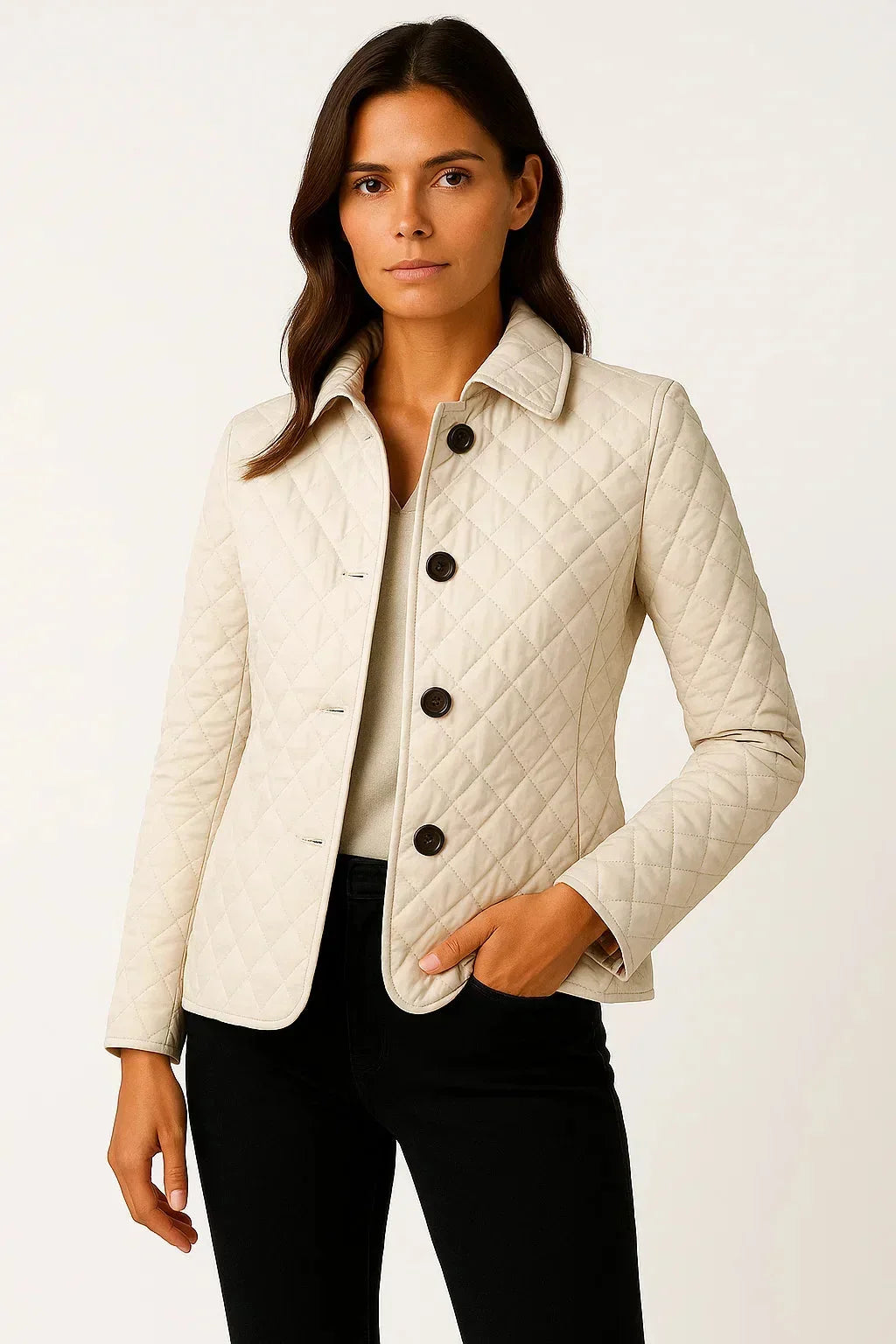 Women's quilted button-down blazer with check-pattern cuffs – White