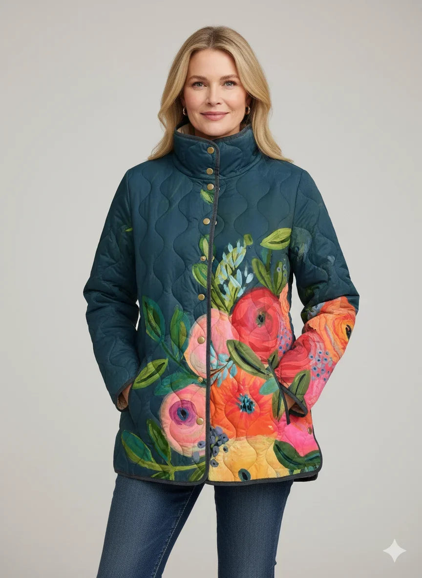 Women's quilted jacket with floral print and stand collar – Multicolor