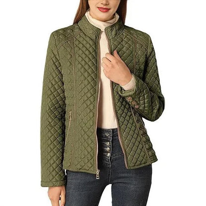 Women's quilted jacket with stand collar and zip front – Army Green