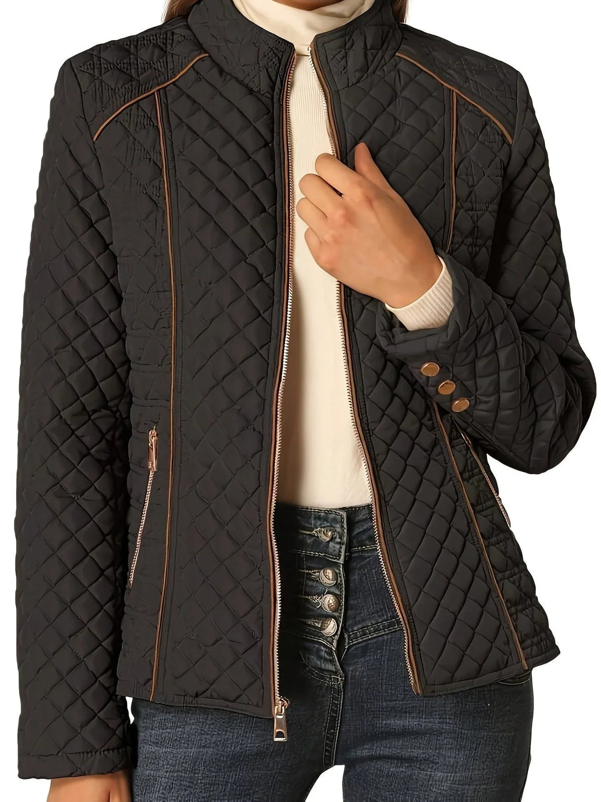 Women's quilted jacket with stand collar and zip front – Black