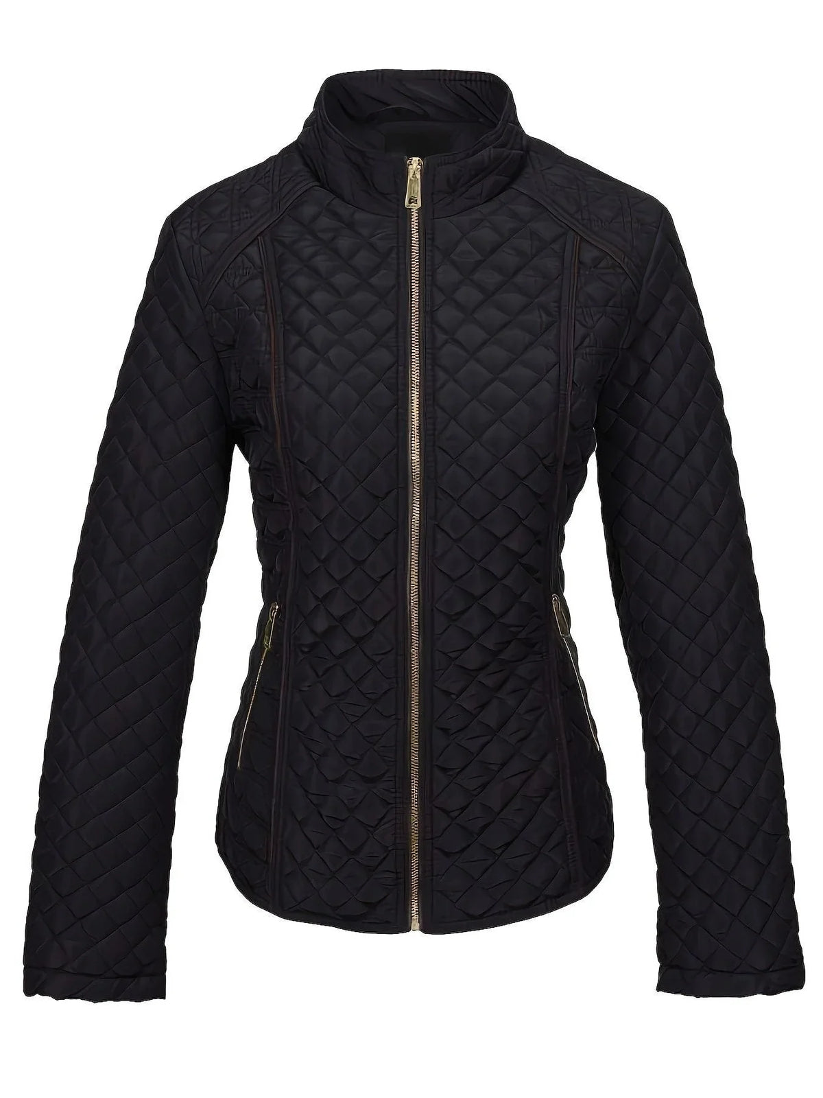 Women's quilted jacket with stand collar and zip front