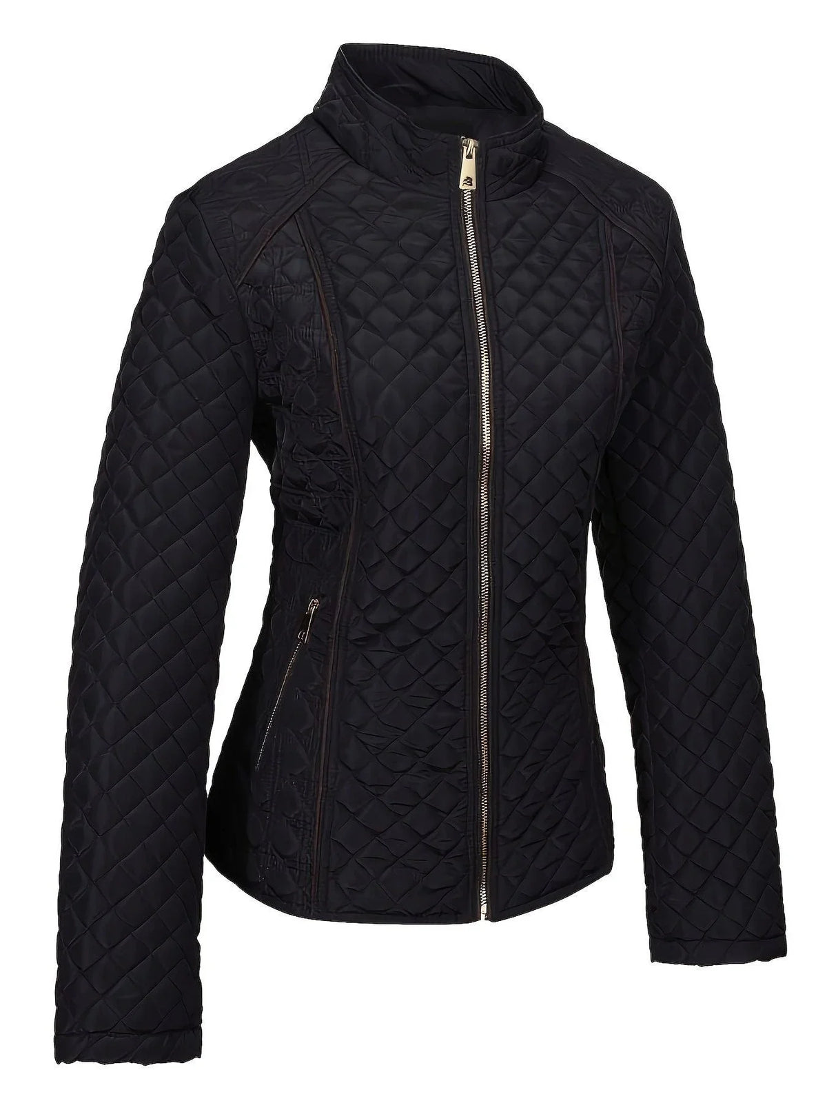 Women's quilted jacket with stand collar and zip front
