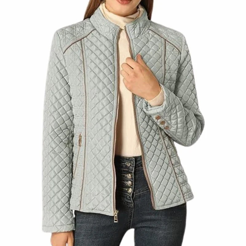 Women's quilted jacket with stand collar and zip front – Gray