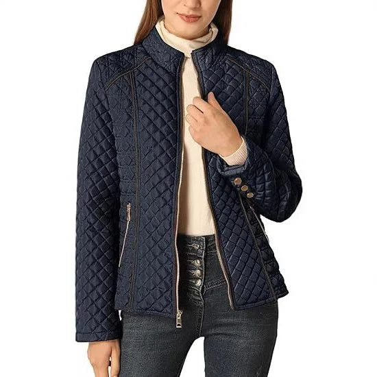 Women's quilted jacket with stand collar and zip front – Navy Blue