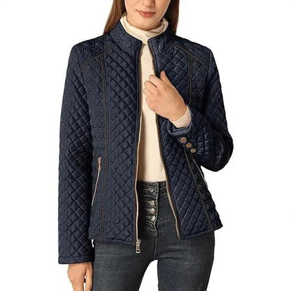 Women's quilted jacket with stand collar and zip front – Navy Blue